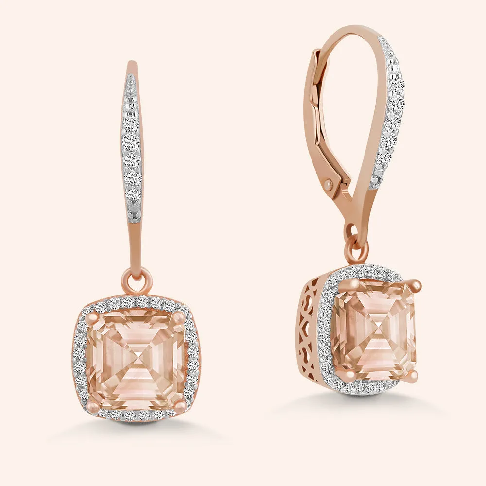 "Amy" 2.0CTW Champagne Cushion Cut Pave Halo Dangling Earrings - Rose Gold