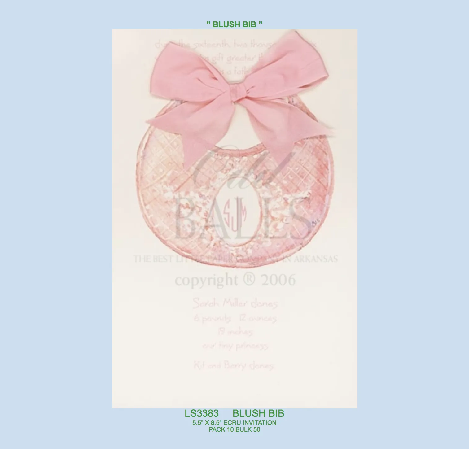 "Blush Bib" Pink Silk Ribbon Baby Invitation