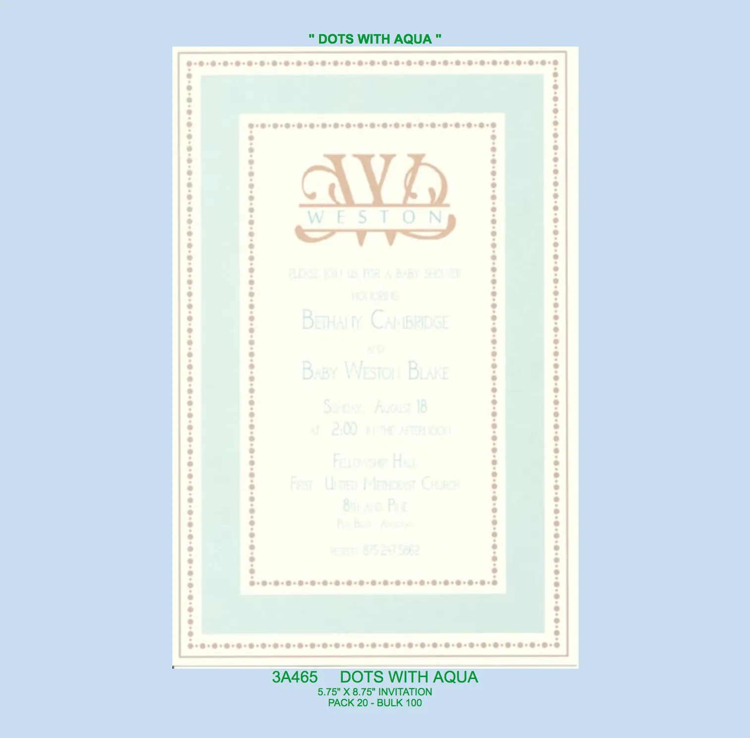 "Dots with Aqua" Monogram Baby Invitation