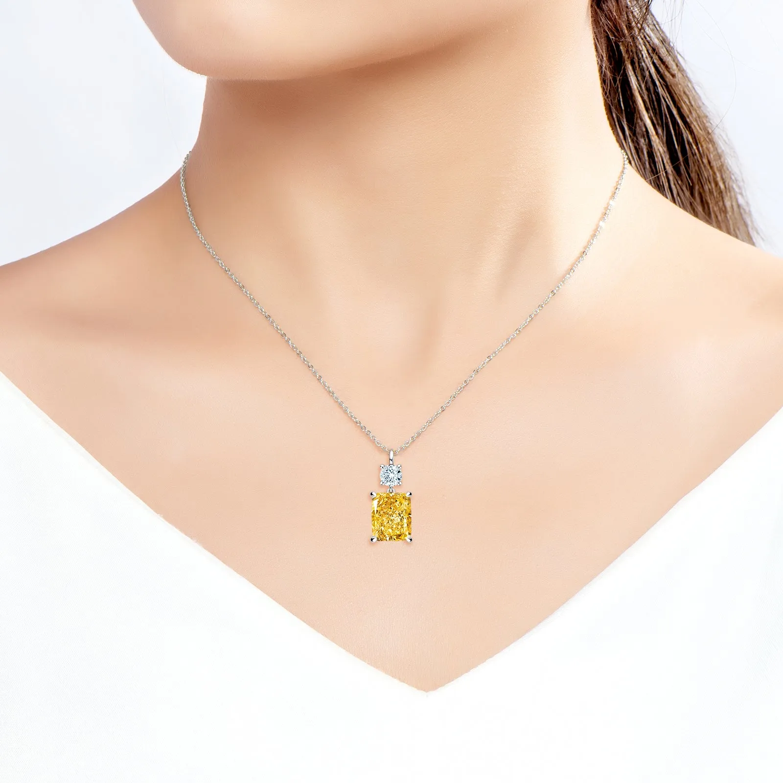 Radiant Cut Yellow Created Diamond Drop Pendant Necklace