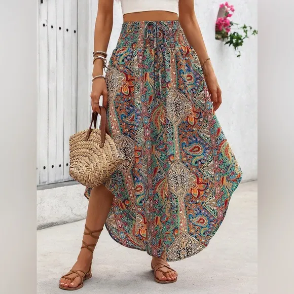 Rainbow paisley print boho asymmetrical maxi midi skirt