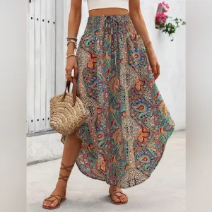 Rainbow paisley print boho asymmetrical maxi midi skirt