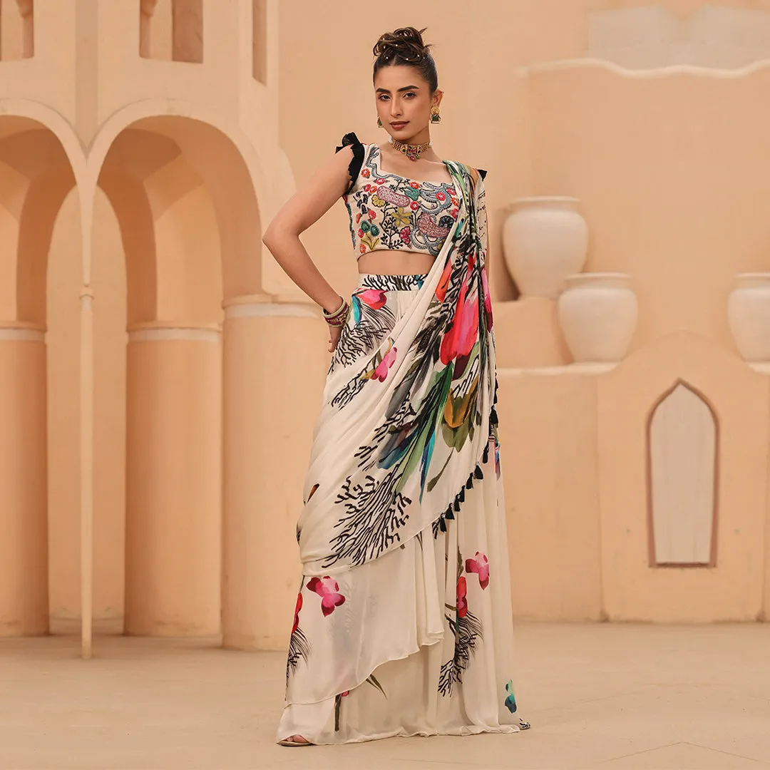 Ready to Wear Cream Floral Saree
