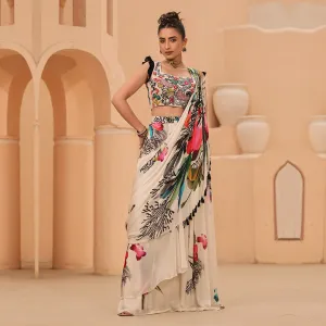 Ready to Wear Cream Floral Saree