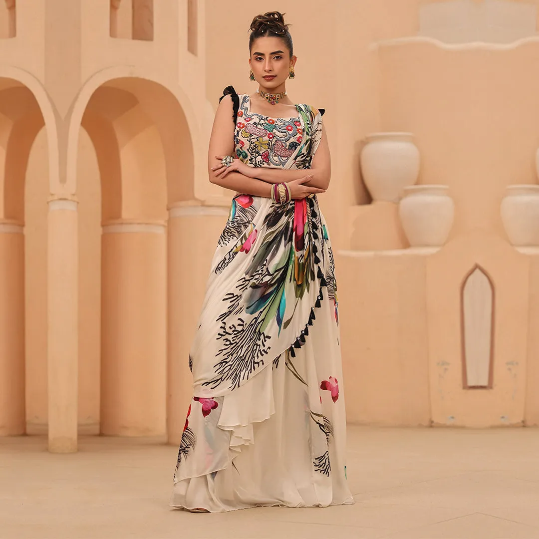 Ready to Wear Cream Floral Saree