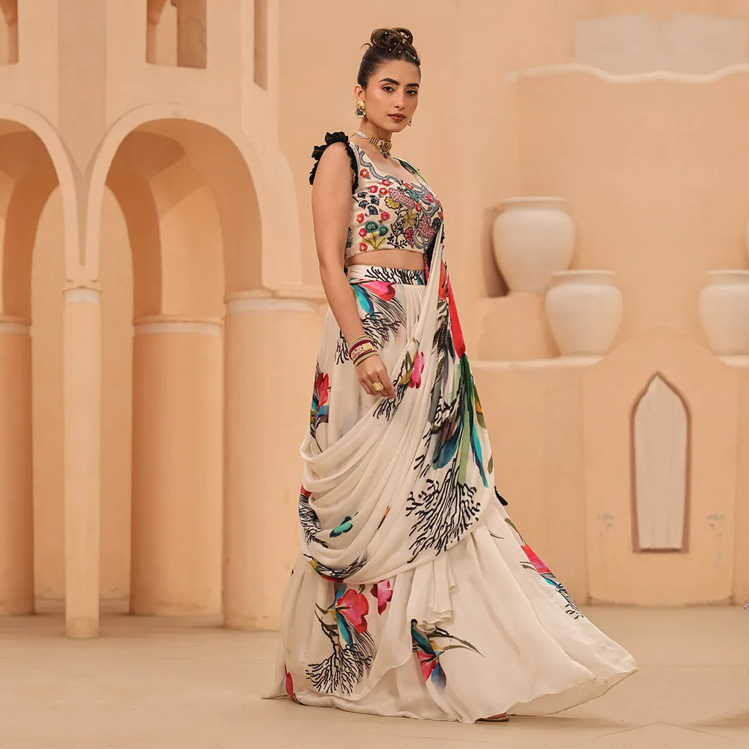 Ready to Wear Cream Floral Saree