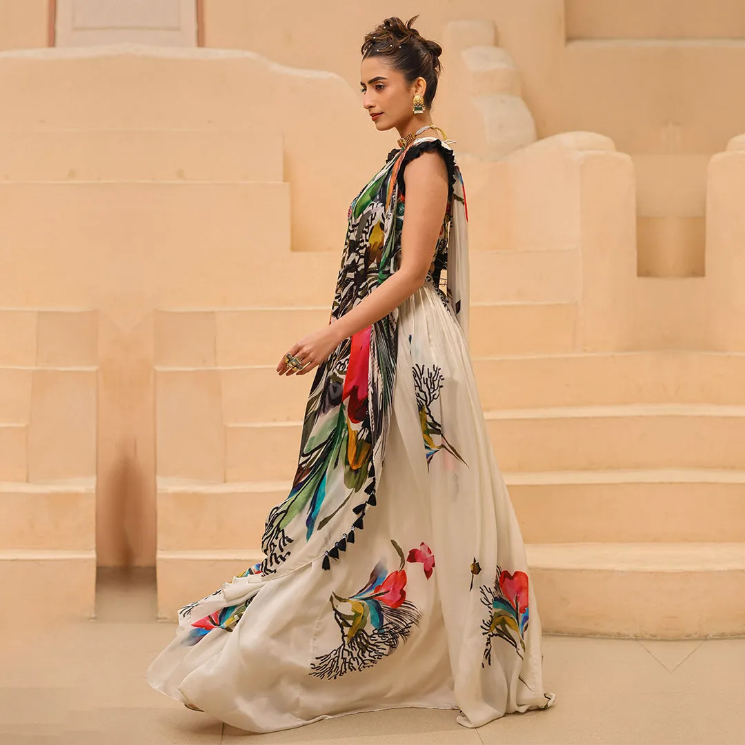 Ready to Wear Cream Floral Saree
