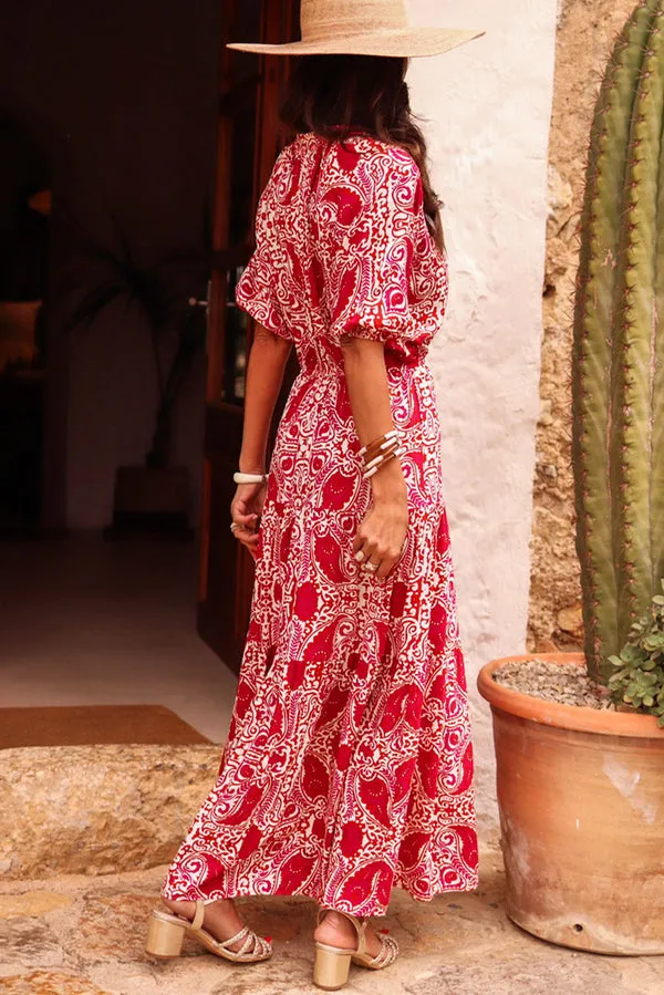 Red Paisley Print Side Slit Puff Sleeve High Waist Maxi Dress