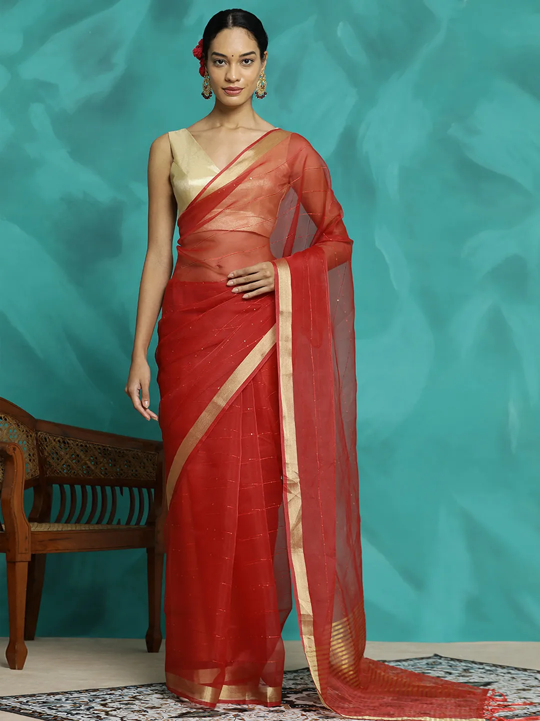 Red Sequin Embellished Organza Saree