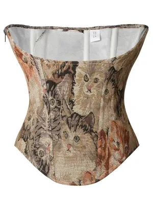 Renaissance Vintage Cat Printed Underbust Waist Training Corset