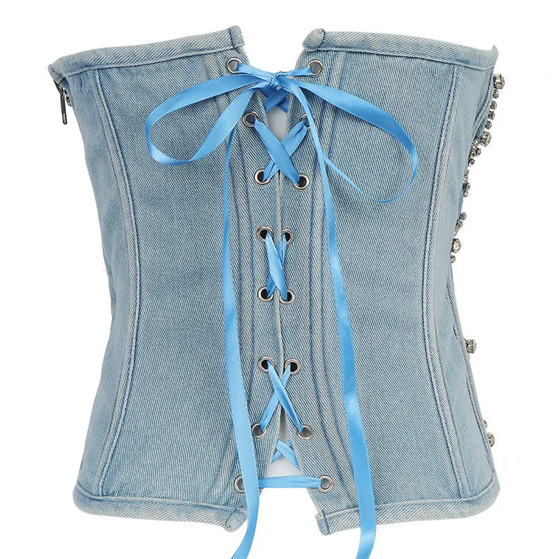 Rhinestone Embellished Denim Corset Top