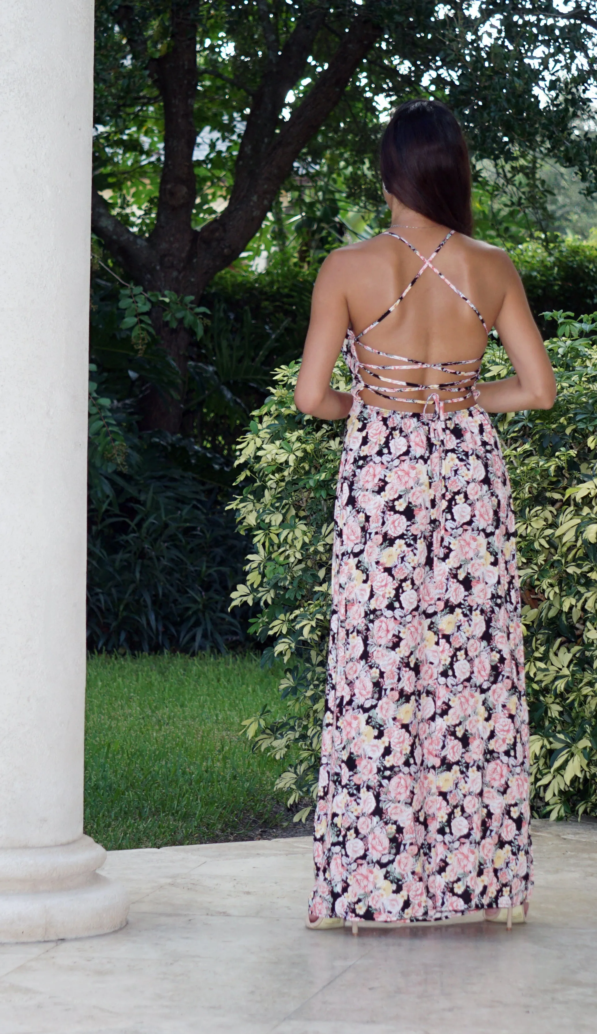 Rose Floral Maxi with Crisscross Back - Black