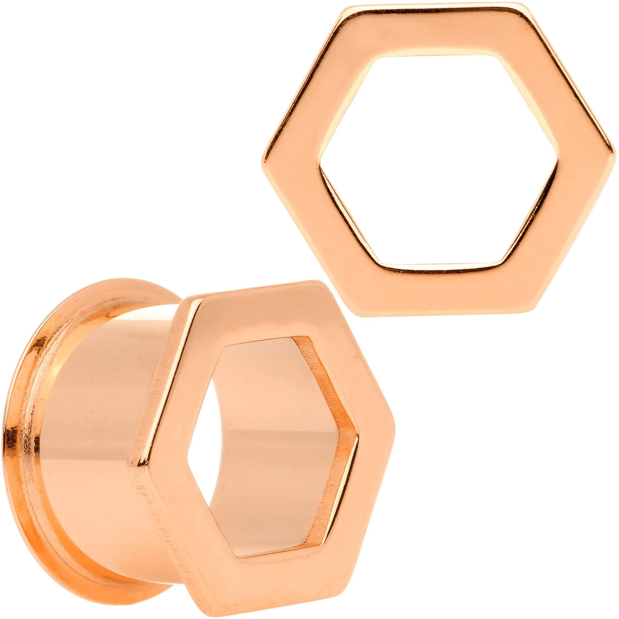 Rose Gold Tone Geometric Hexagon Double Flare Tunnel Plug Set 3mm to 25mm