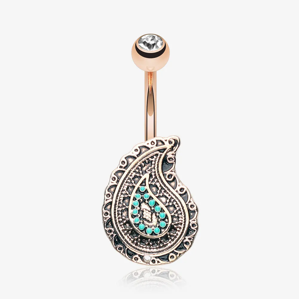 Rose Gold Vintage Boho Paisley Turquoise Belly Button Ring