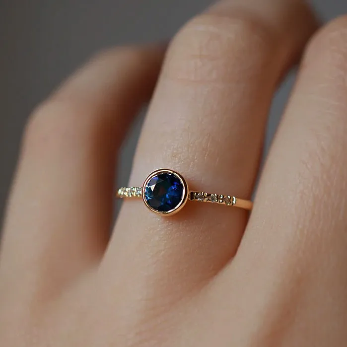 Round Blue Sapphire Engagement With Diamond Simple Vintage Ring
