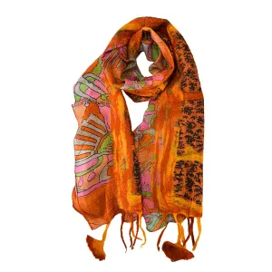 Rusty Orange Felt and Saree Vintage Scarves with Flower Hanging