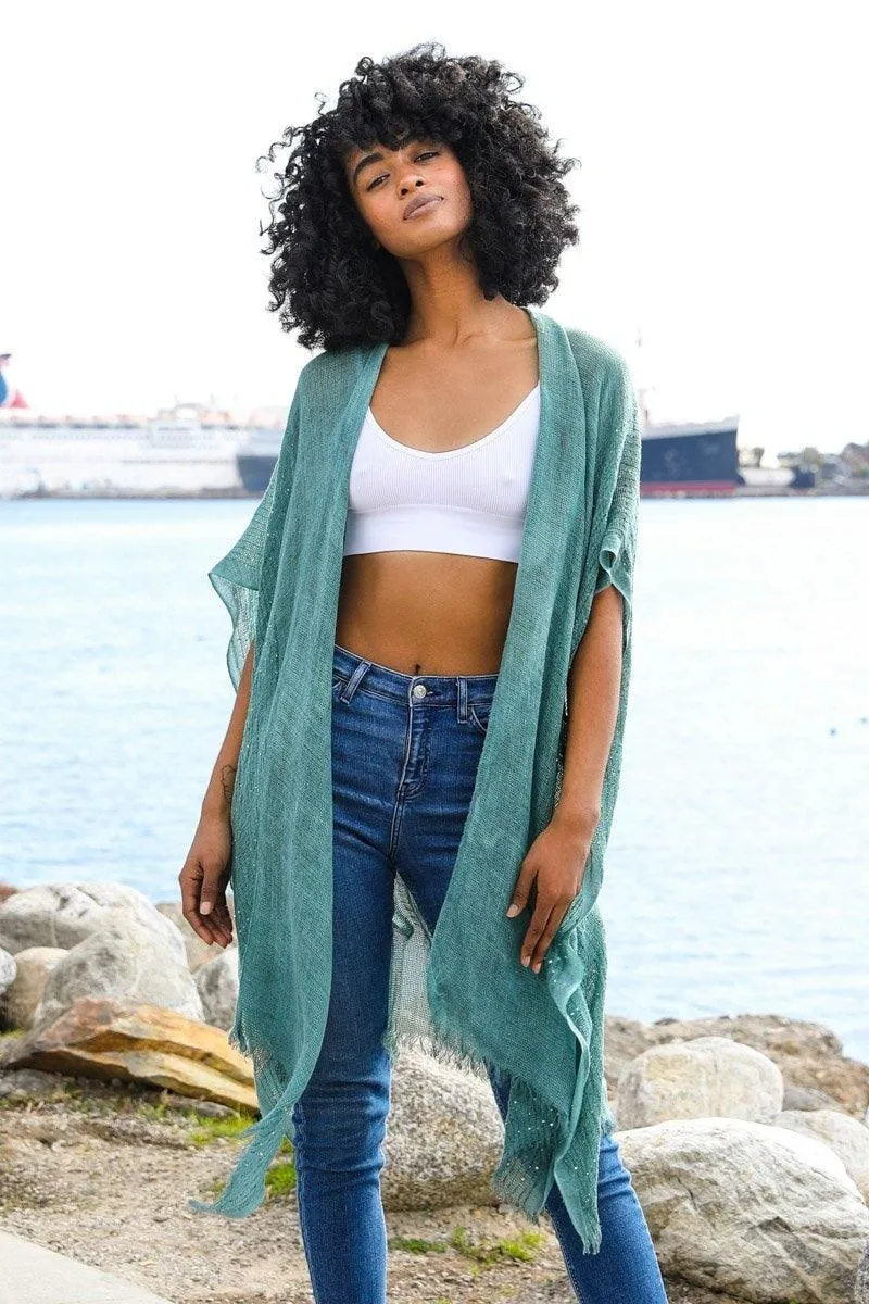 Sequin Border Frayed Kimono - 6 colors