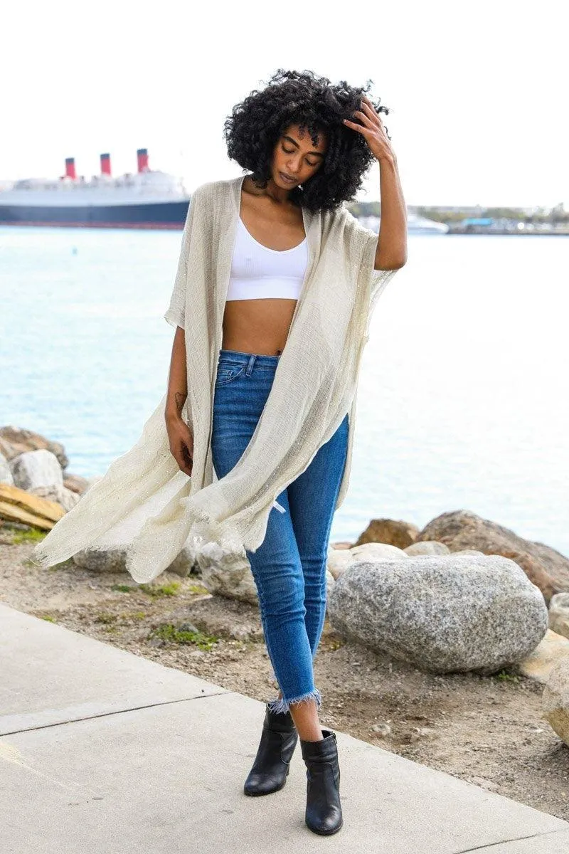 Sequin Border Frayed Kimono - 6 colors