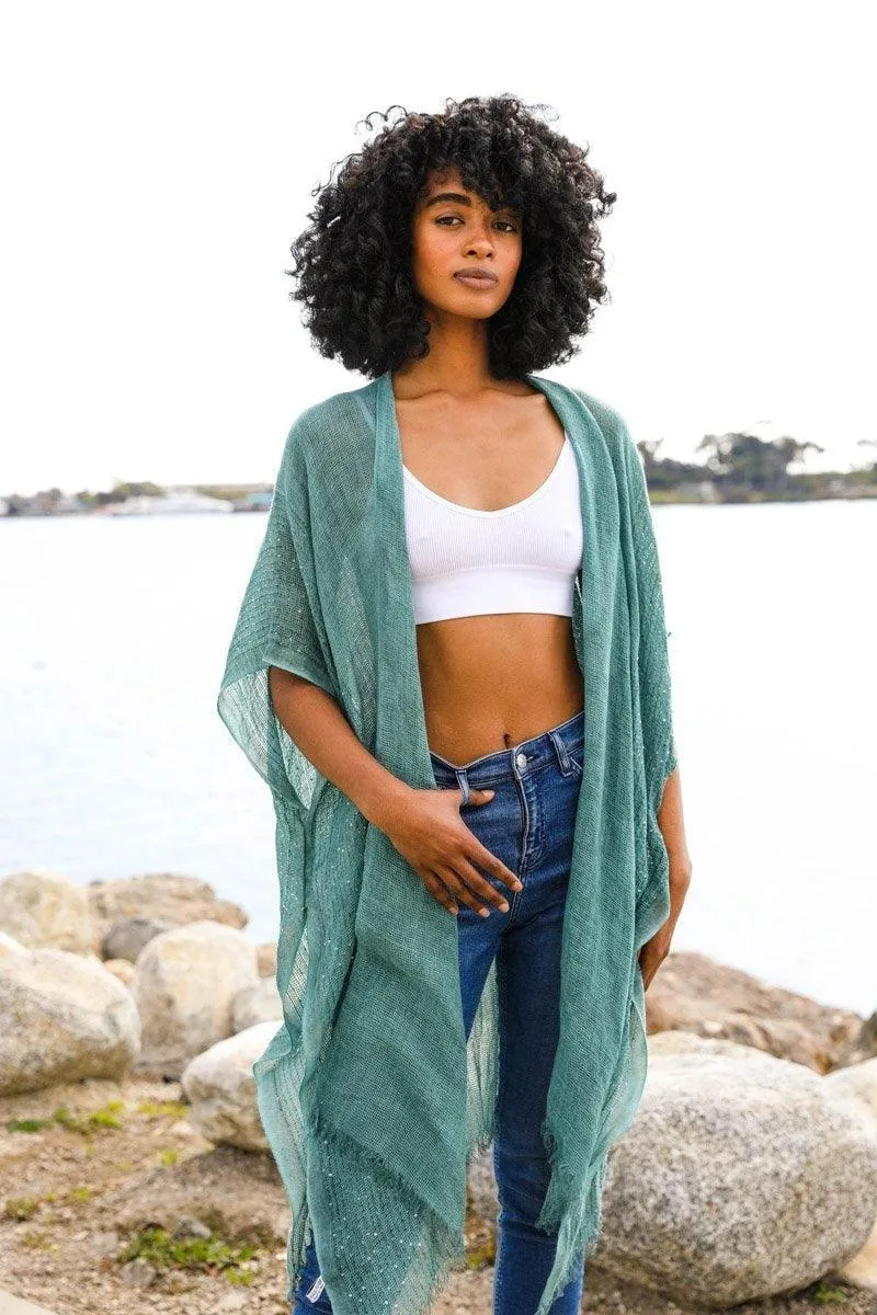 Sequin Border Frayed Kimono - 6 colors