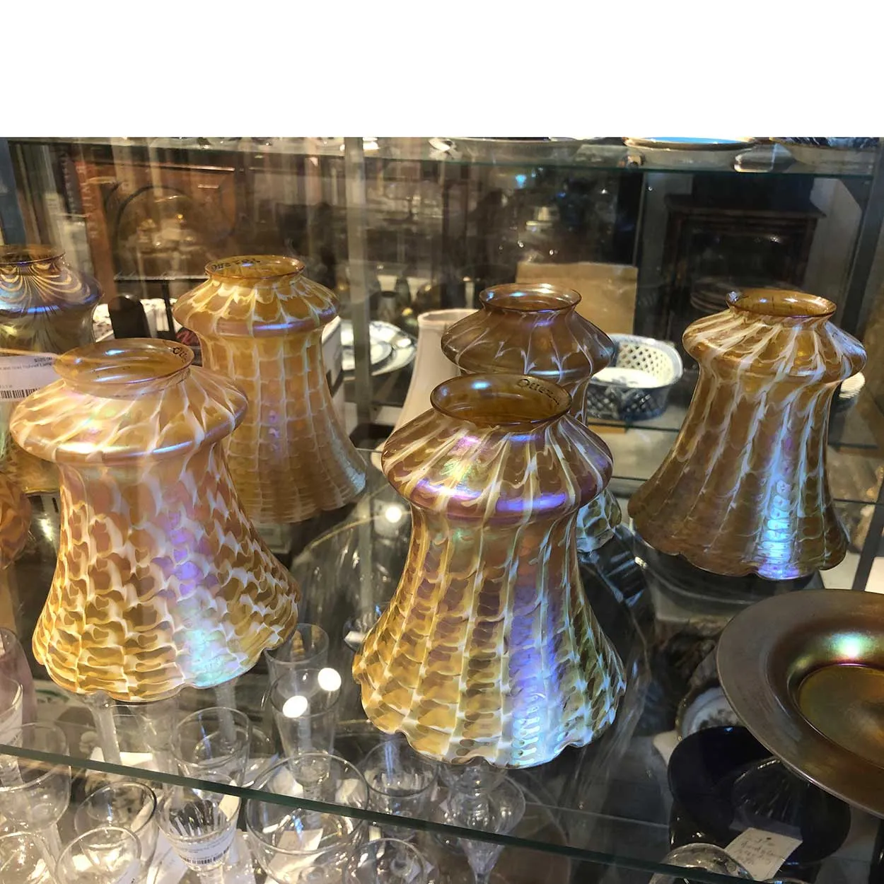 Set of Five American Quezal Art Nouveau Glass Snakeskin Lamp Shades