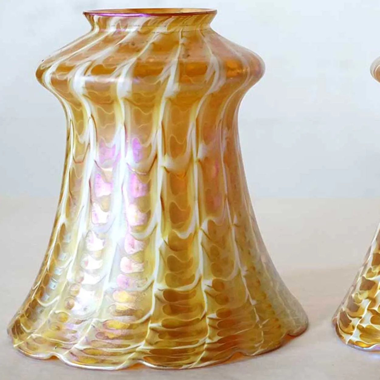 Set of Five American Quezal Art Nouveau Glass Snakeskin Lamp Shades