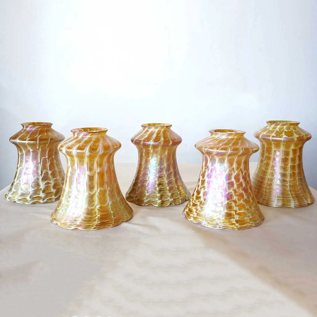Set of Five American Quezal Art Nouveau Glass Snakeskin Lamp Shades