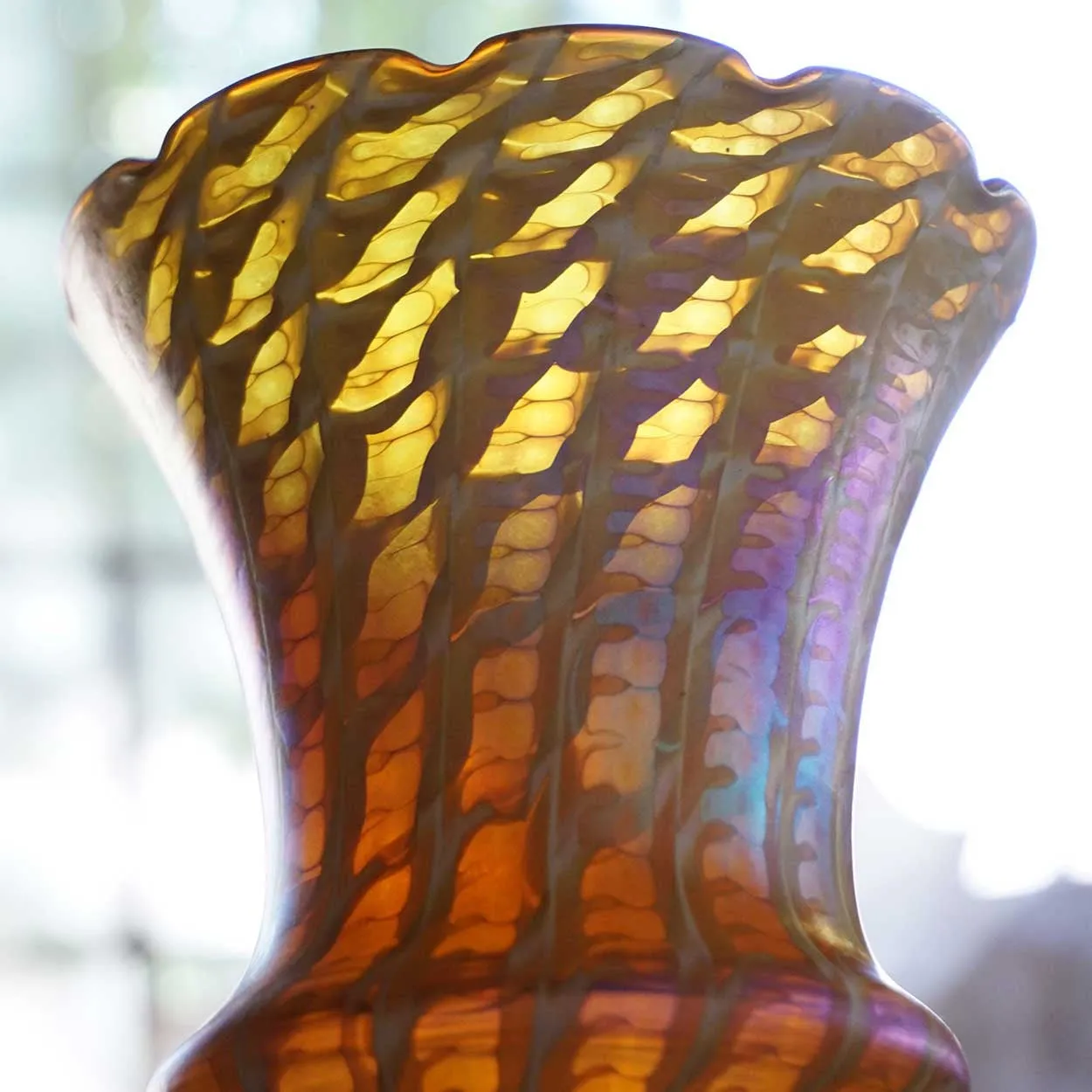 Set of Five American Quezal Art Nouveau Glass Snakeskin Lamp Shades