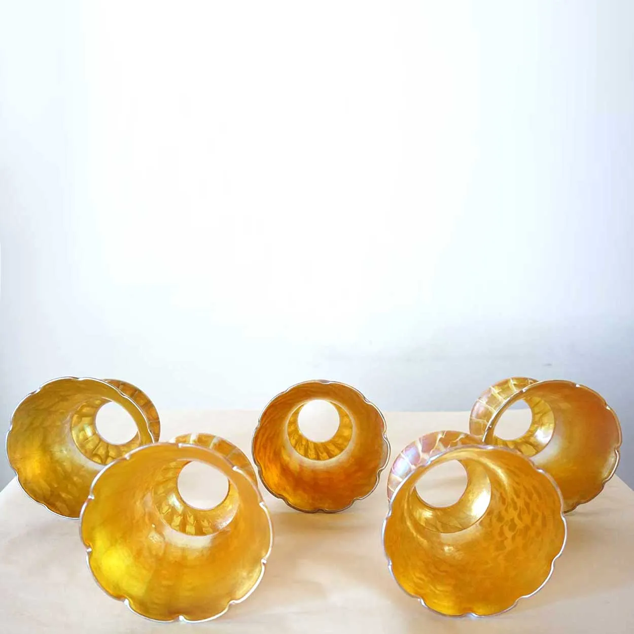Set of Five American Quezal Art Nouveau Glass Snakeskin Lamp Shades