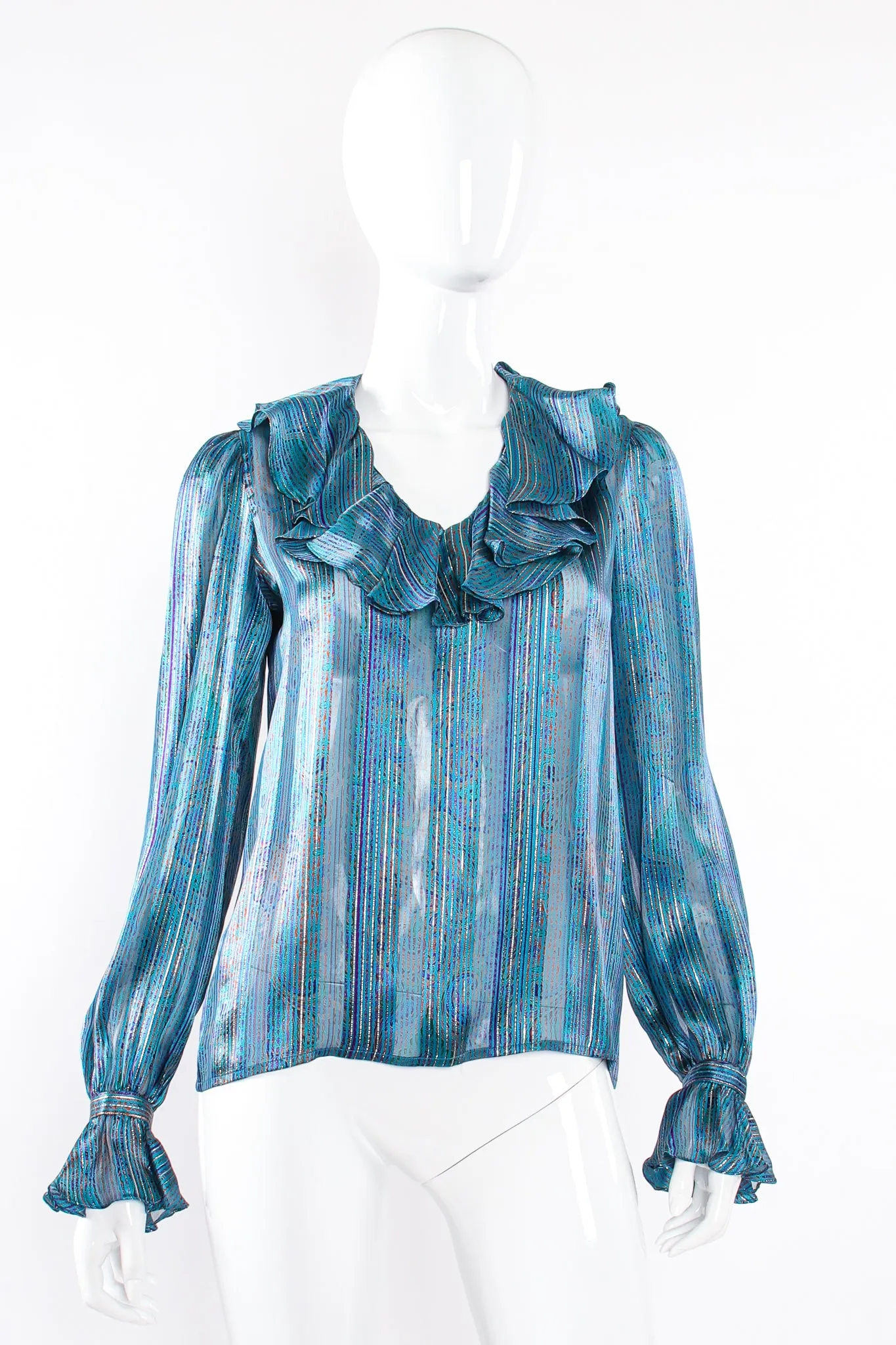 Sheer Paisley Stripe Ruffle Blouse