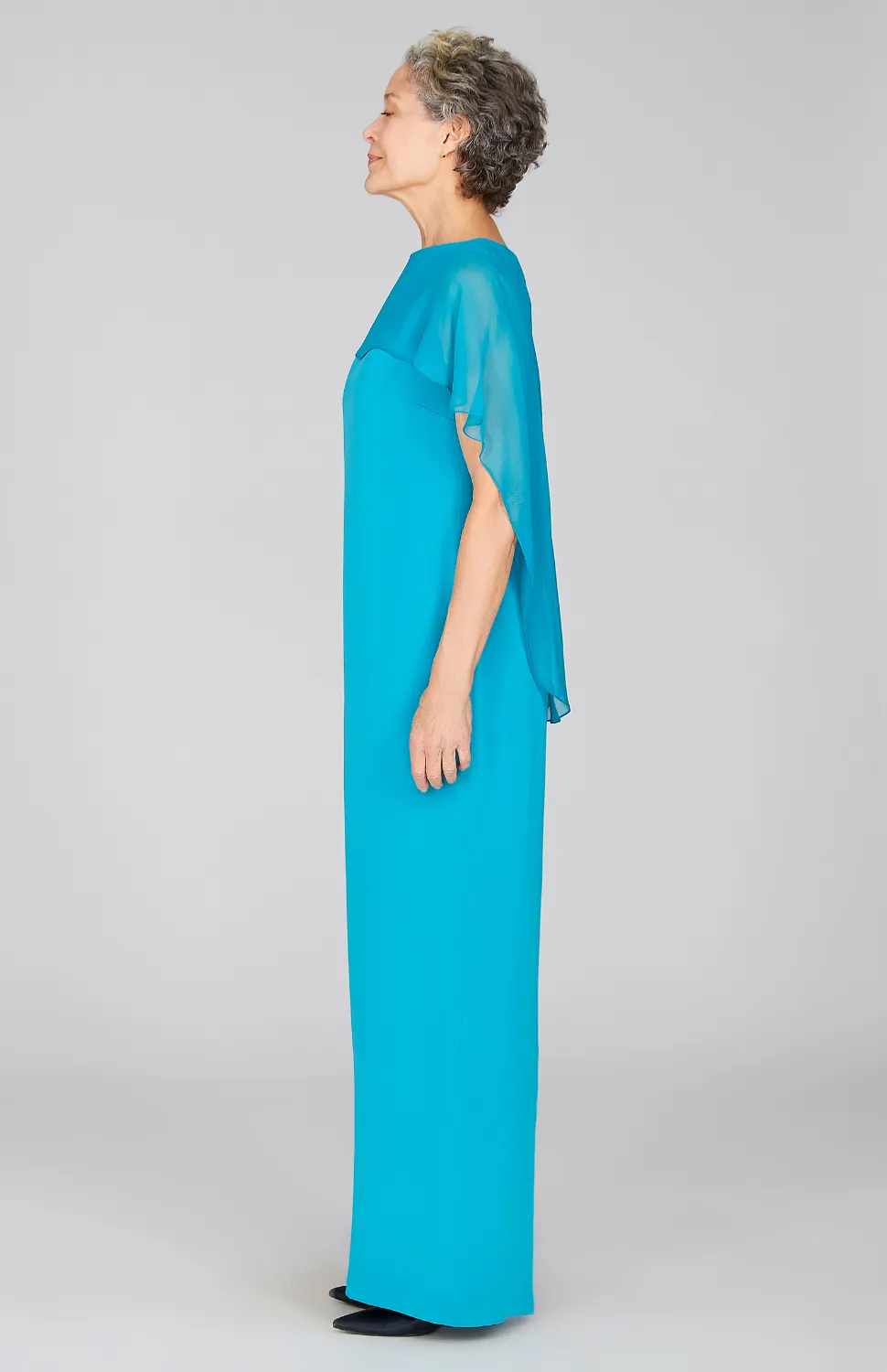 Silk Gown w/Chiffon High Low Caplet