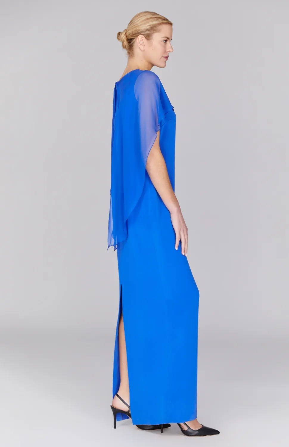 Silk Gown w/Chiffon High Low Caplet