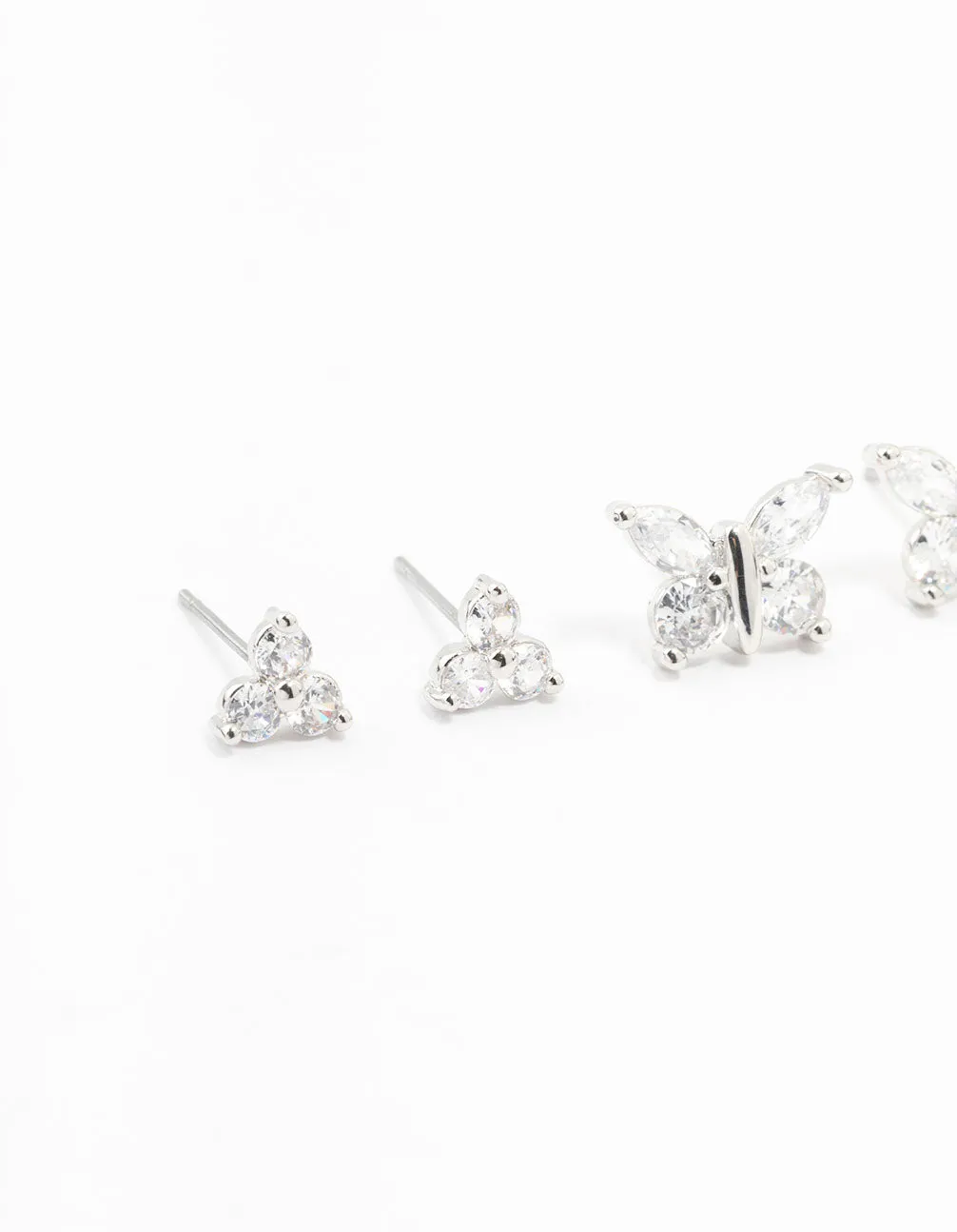 Silver Cubic Zirconia Butterfly Stud Earrings 3-Pack