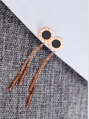 Simple Rose Gold Titanium Steel Roman Numerals Black Round Earrings