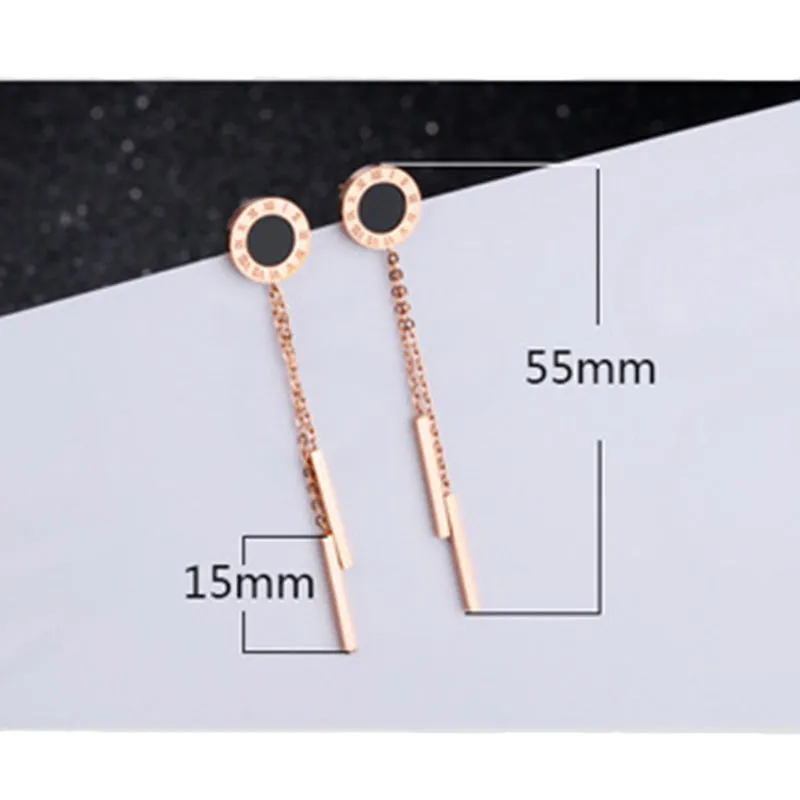Simple Rose Gold Titanium Steel Roman Numerals Black Round Earrings
