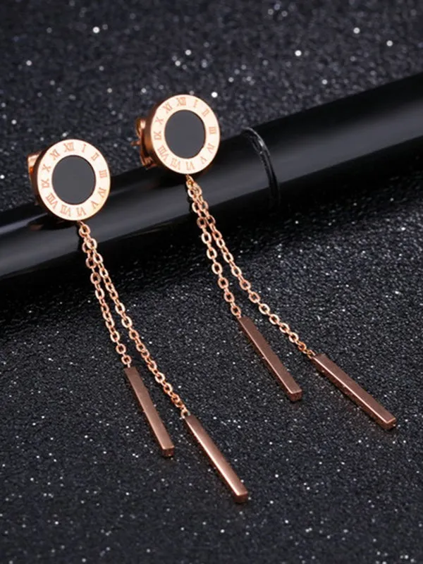 Simple Rose Gold Titanium Steel Roman Numerals Black Round Earrings