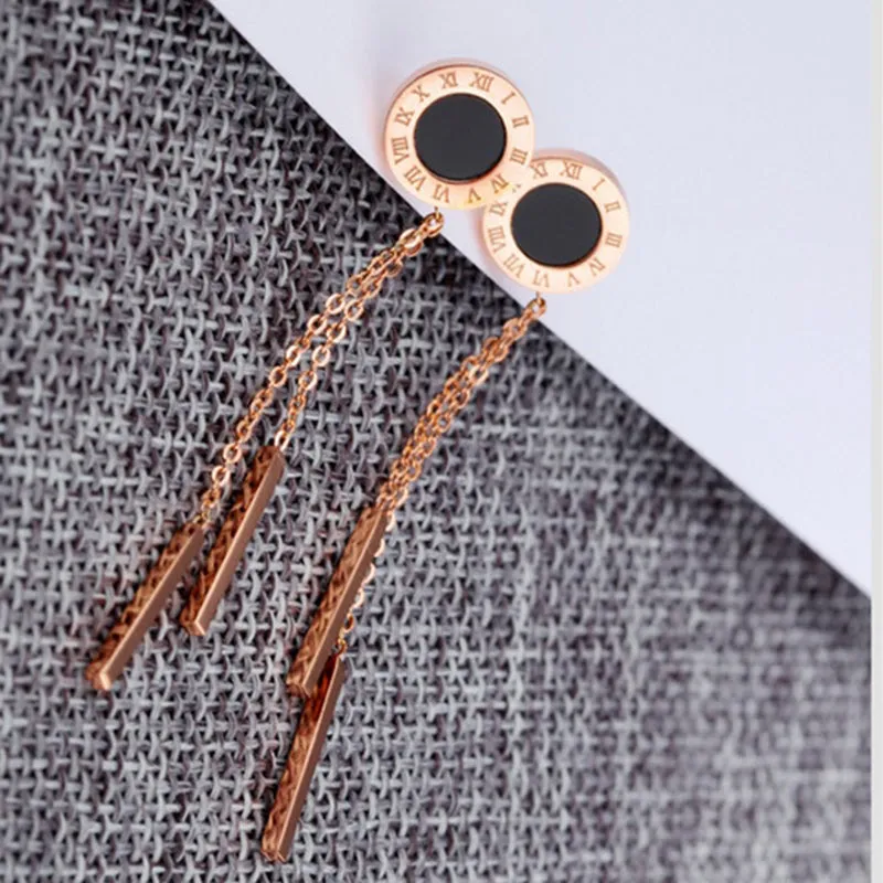 Simple Rose Gold Titanium Steel Roman Numerals Black Round Earrings