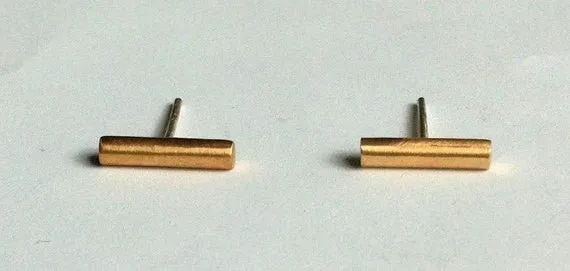 Simple, Understated, Hand-Made Gold Colored Brass Bar Stud Earring - 0018