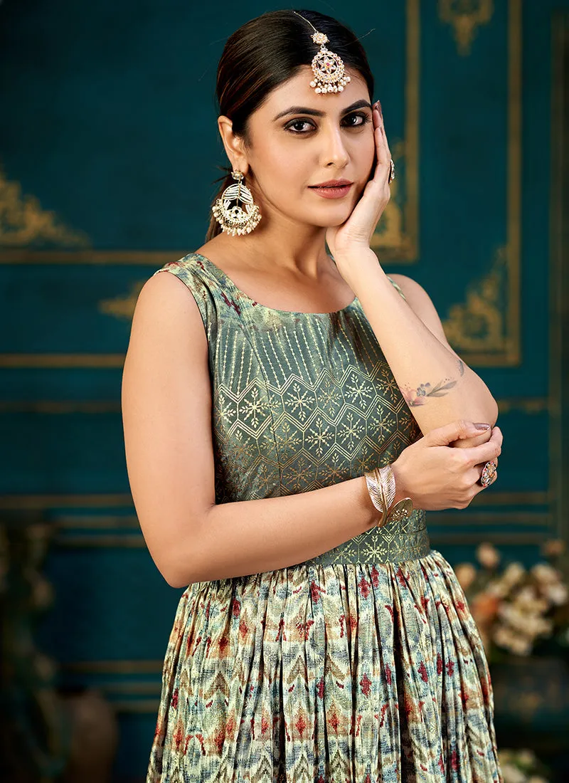 Slate Grey Printed Traditional Anarkali Gown