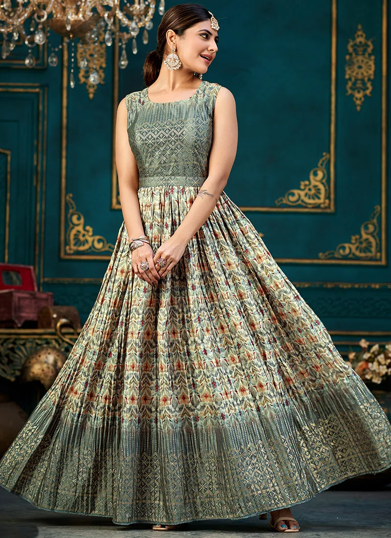 Slate Grey Printed Traditional Anarkali Gown