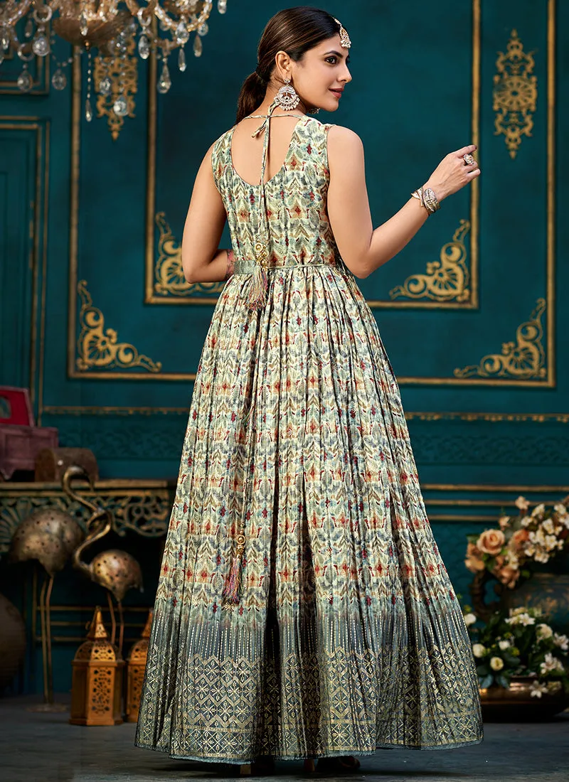 Slate Grey Printed Traditional Anarkali Gown