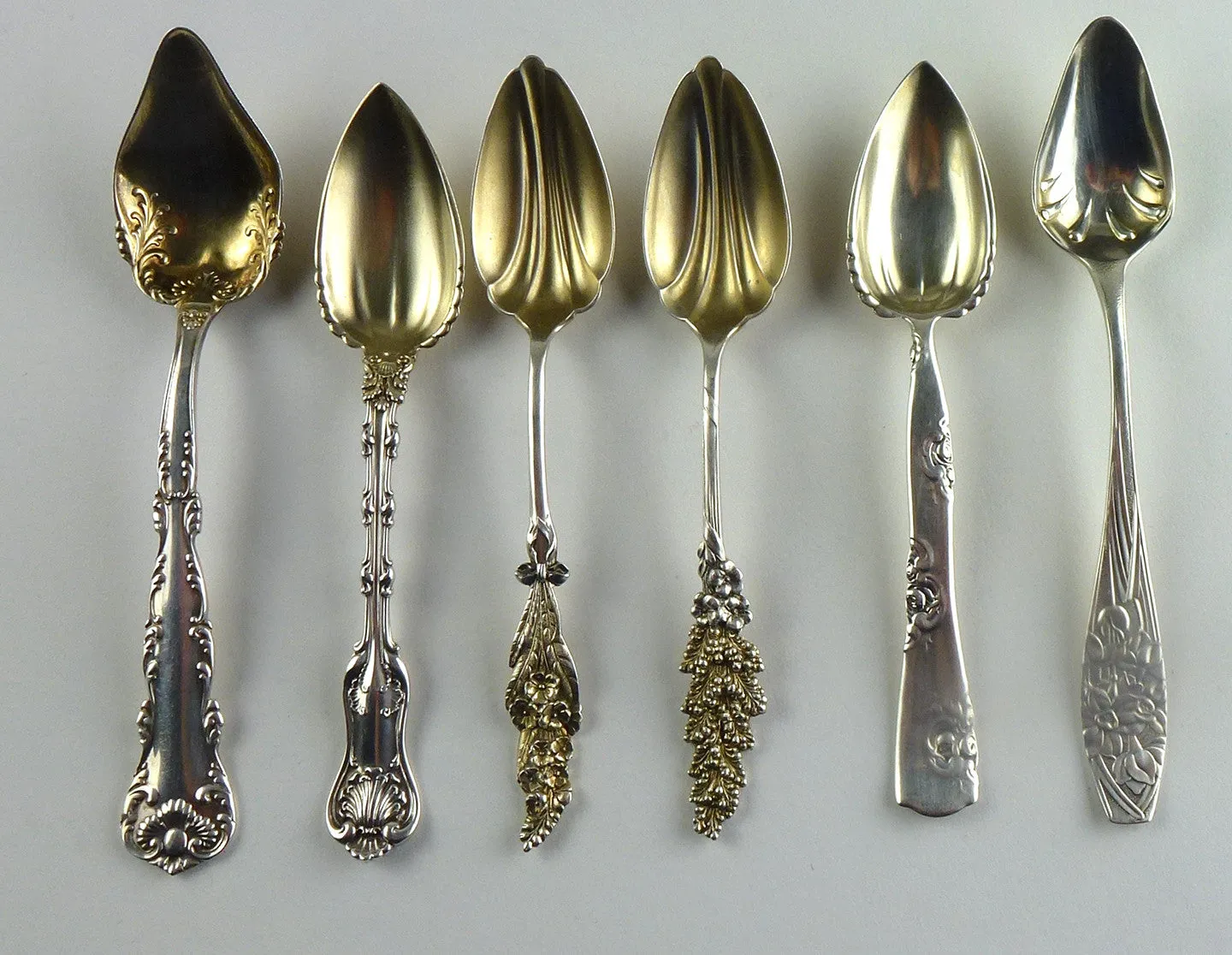SOLD Harlequin Set of Six Sterling and Gold-Wash Grapefruit Spoons by Whiting