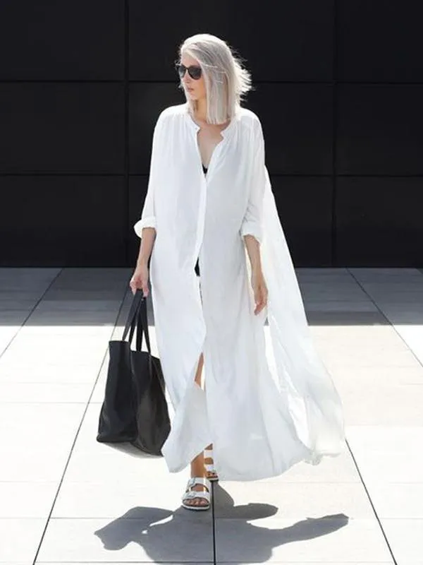 Solid Lapel Long Shirt Dress