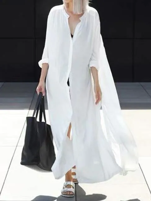 Solid Lapel Long Shirt Dress