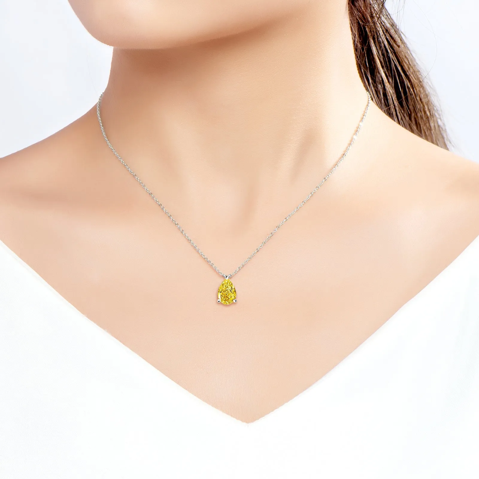 Solitaire Pear Shaped Yellow Created Diamond Gemstone Pendant Necklace