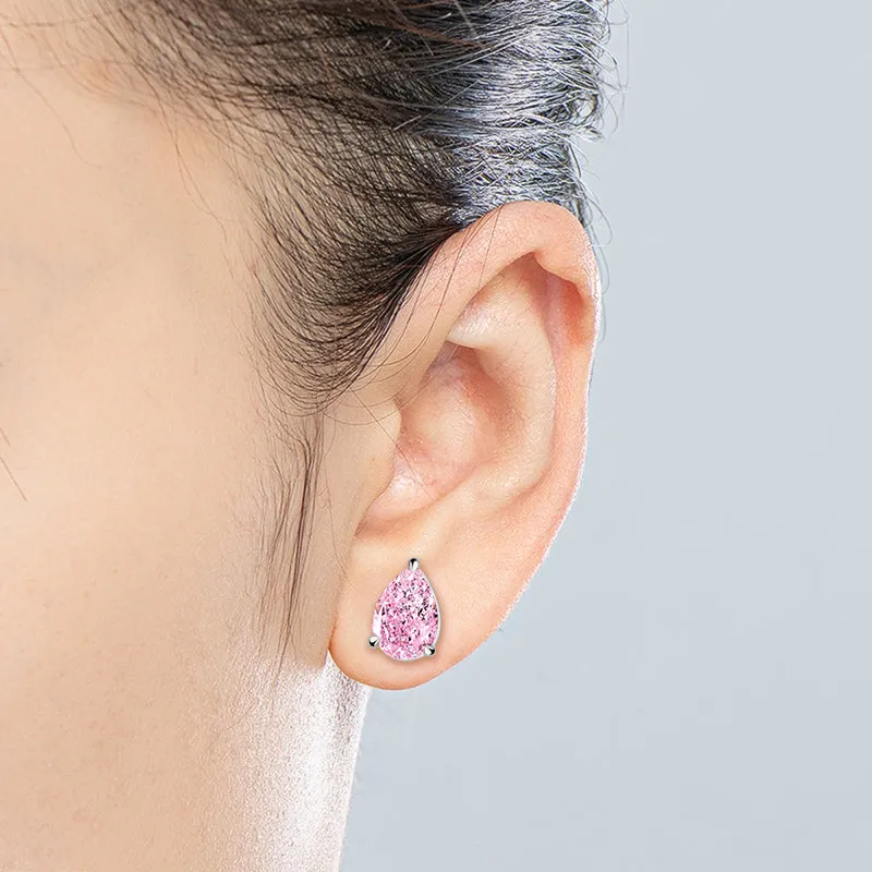 Solitaire Pink Pear Shaped Created Diamond Gemstone Stud Earrings