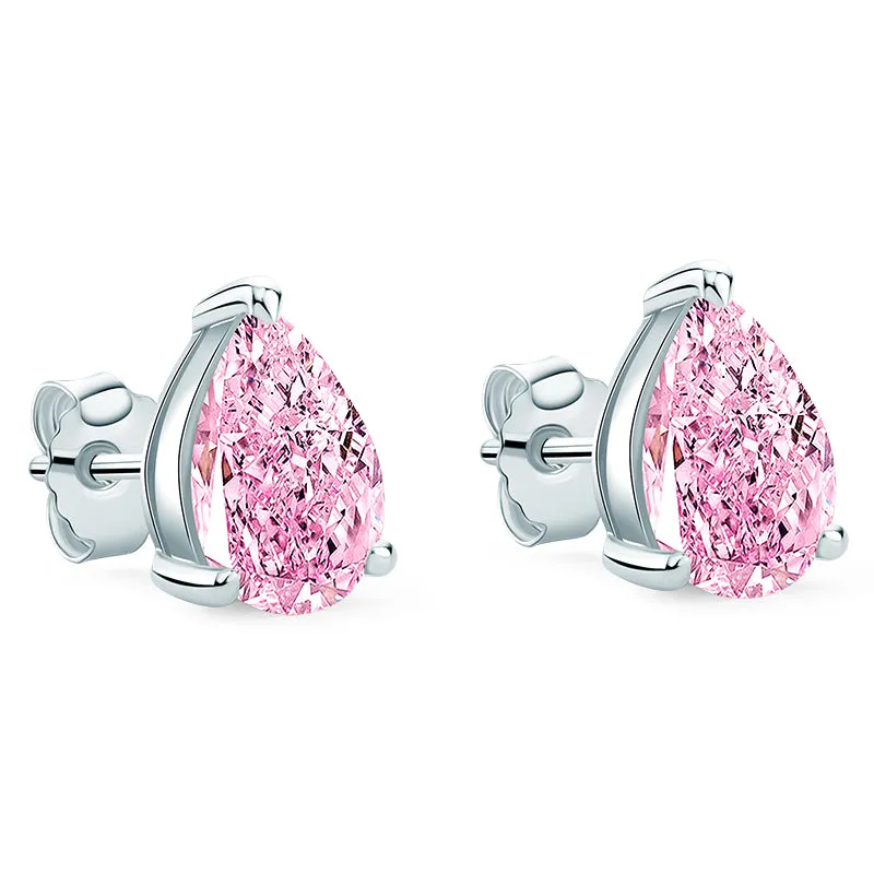 Solitaire Pink Pear Shaped Created Diamond Gemstone Stud Earrings