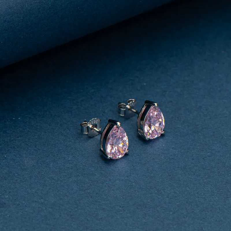 Solitaire Pink Pear Shaped Created Diamond Gemstone Stud Earrings