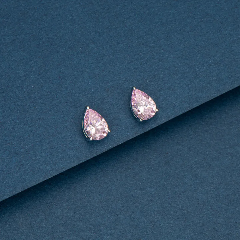 Solitaire Pink Pear Shaped Created Diamond Gemstone Stud Earrings