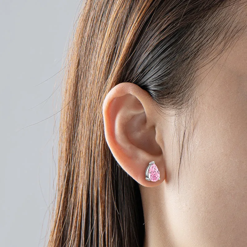 Solitaire Pink Pear Shaped Created Diamond Gemstone Stud Earrings