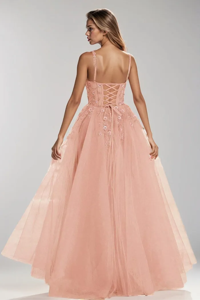 Spaghetti Straps V-neck Sleeveless Floral Appliques Long Prom Dress